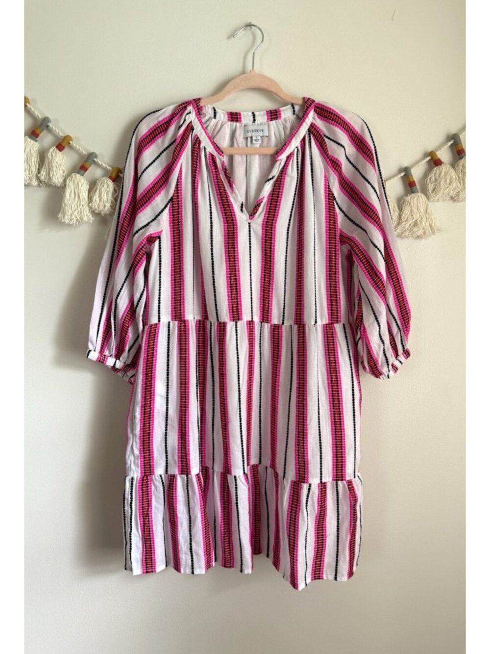 Evereve Cassidy Pink Redstripe Woven Puff Sleeve Mini Dress Beach Coquette S